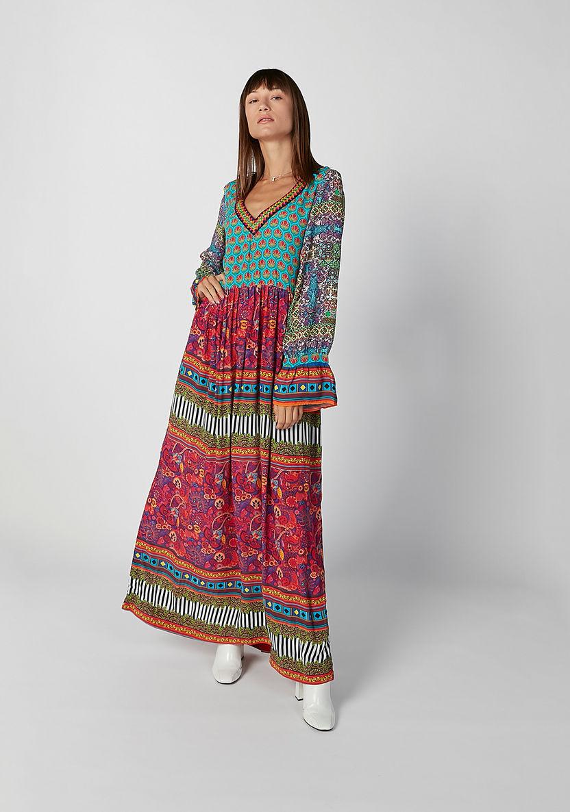 Printed Maxi A-line Dress with V-neck and Flared Sleeves-Dresses-image-5