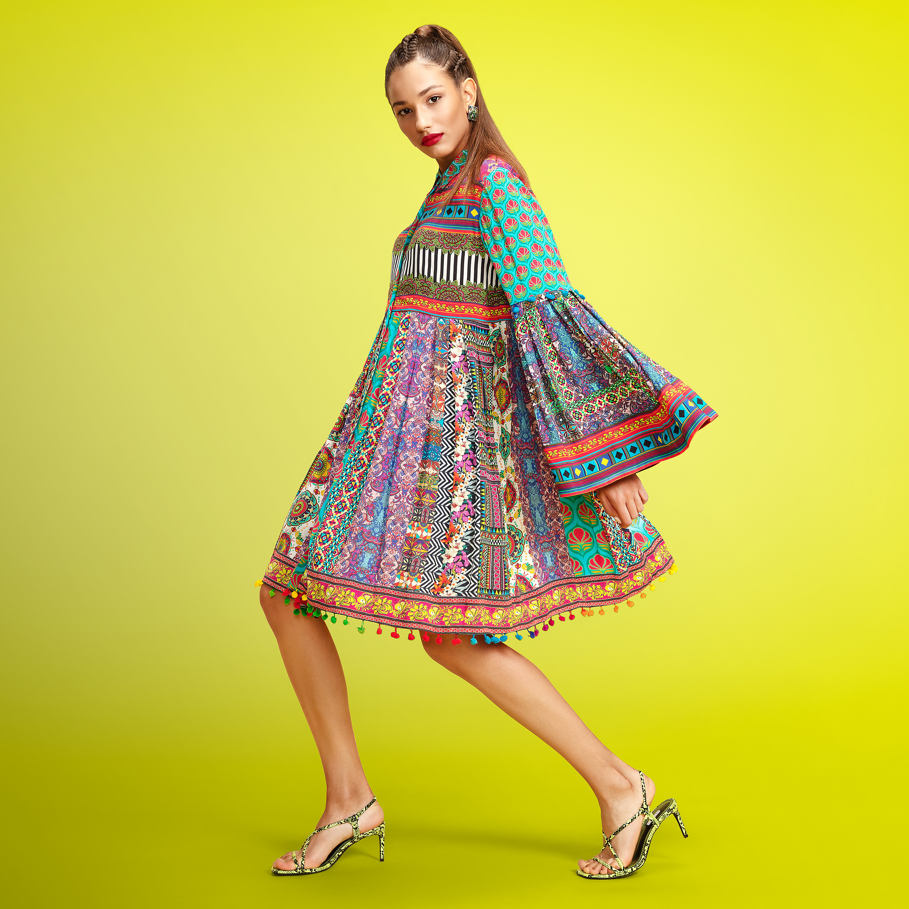 Printed Midi Shirt Dress with Spread Collar and Flared Sleeves-women-clothing-dresses-image-1
