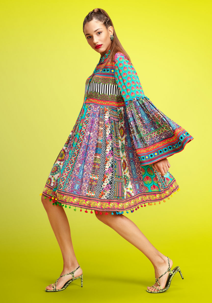 Printed Midi Shirt Dress with Spread Collar and Flared Sleeves-Dresses-image-0