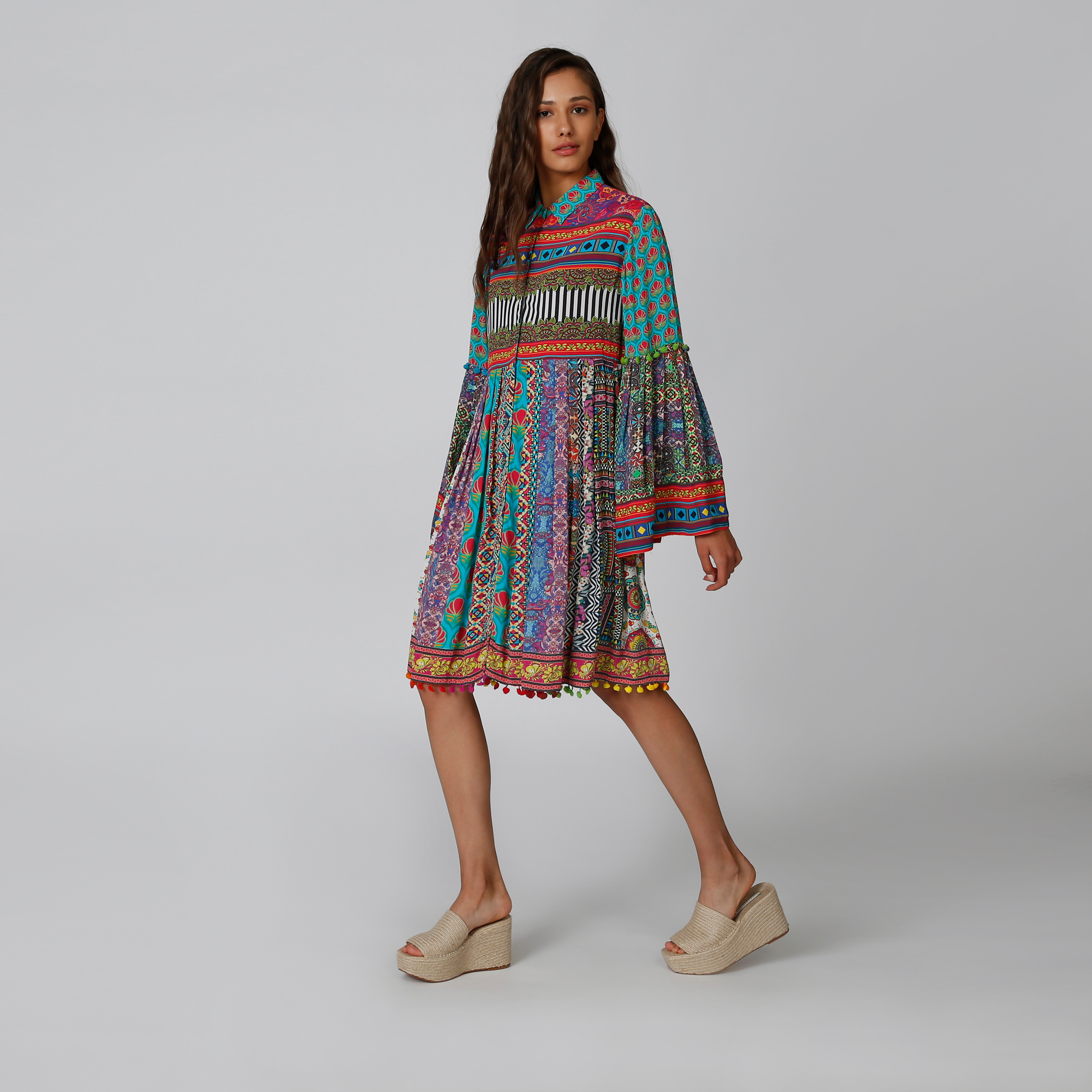 Printed Midi Shirt Dress with Spread Collar and Flared Sleeves-women-clothing-dresses-image-2