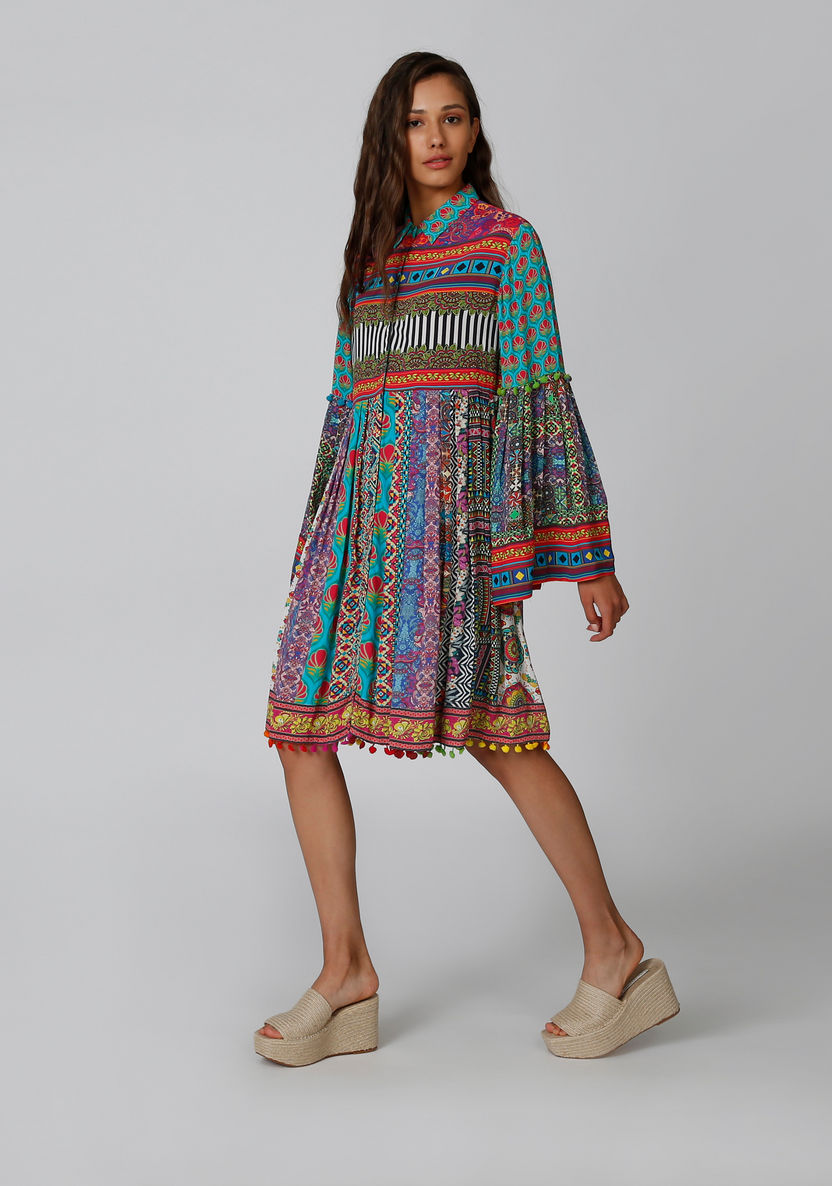Printed Midi Shirt Dress with Spread Collar and Flared Sleeves-Dresses-image-1