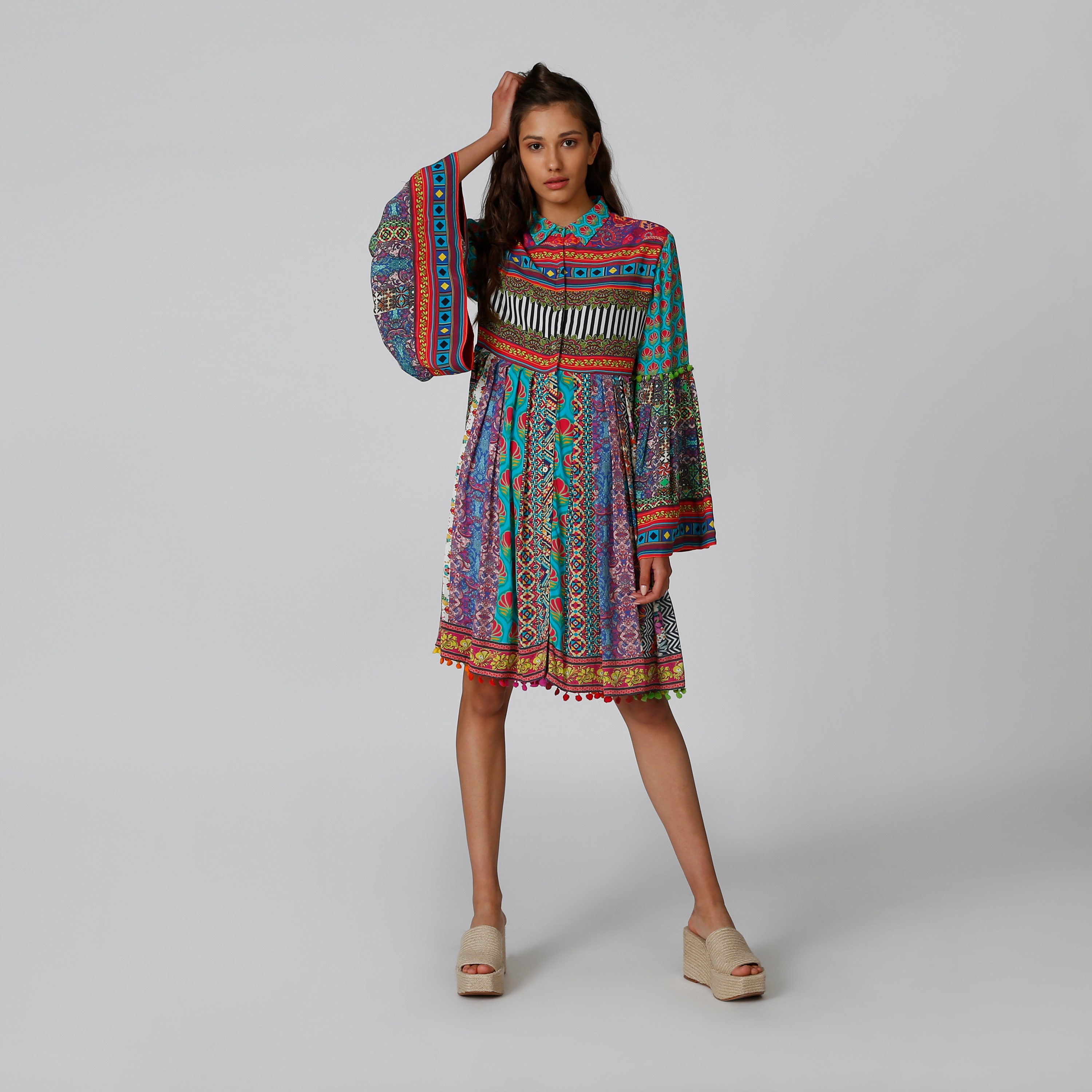 Printed Midi Shirt Dress with Spread Collar and Flared Sleeves-women-clothing-dresses-image-3