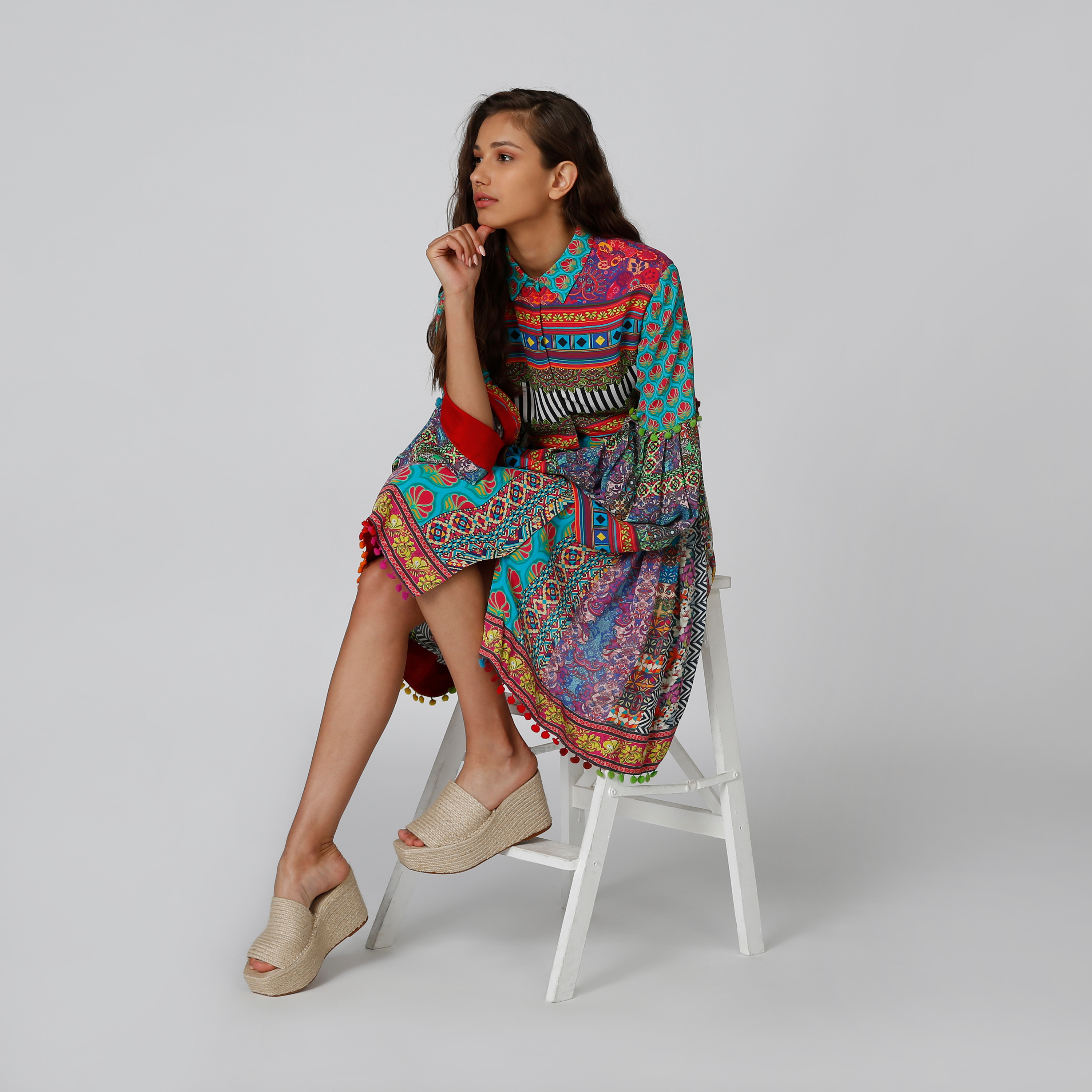 Printed Midi Shirt Dress with Spread Collar and Flared Sleeves-women-clothing-dresses-image-5