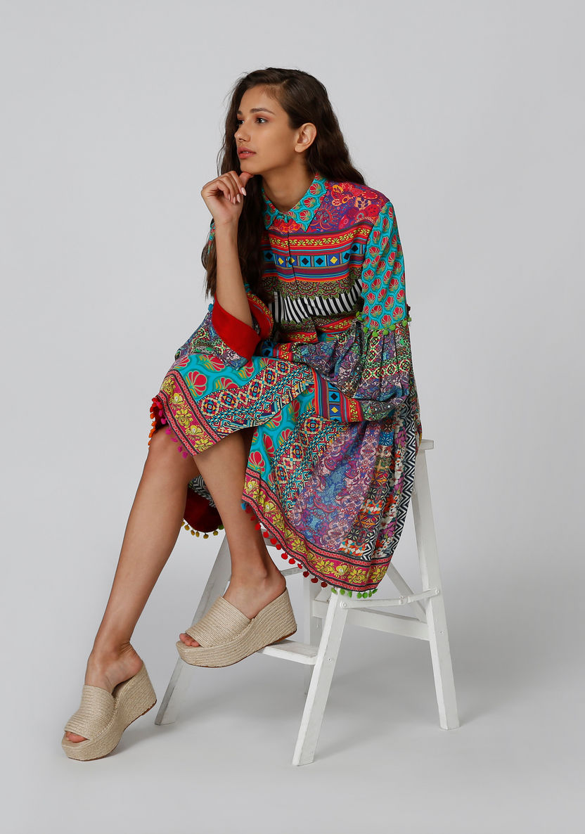 Printed Midi Shirt Dress with Spread Collar and Flared Sleeves-Dresses-image-4