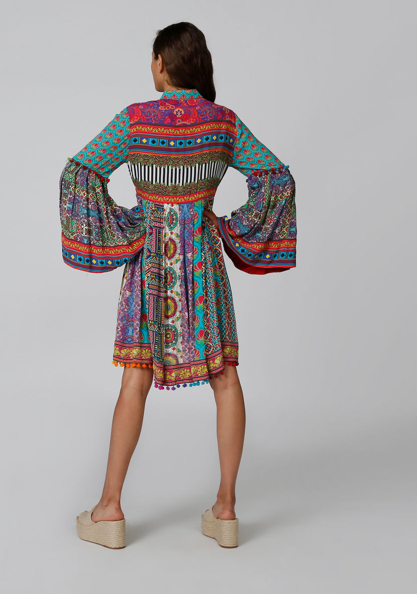 Printed Midi Shirt Dress with Spread Collar and Flared Sleeves-Dresses-image-5