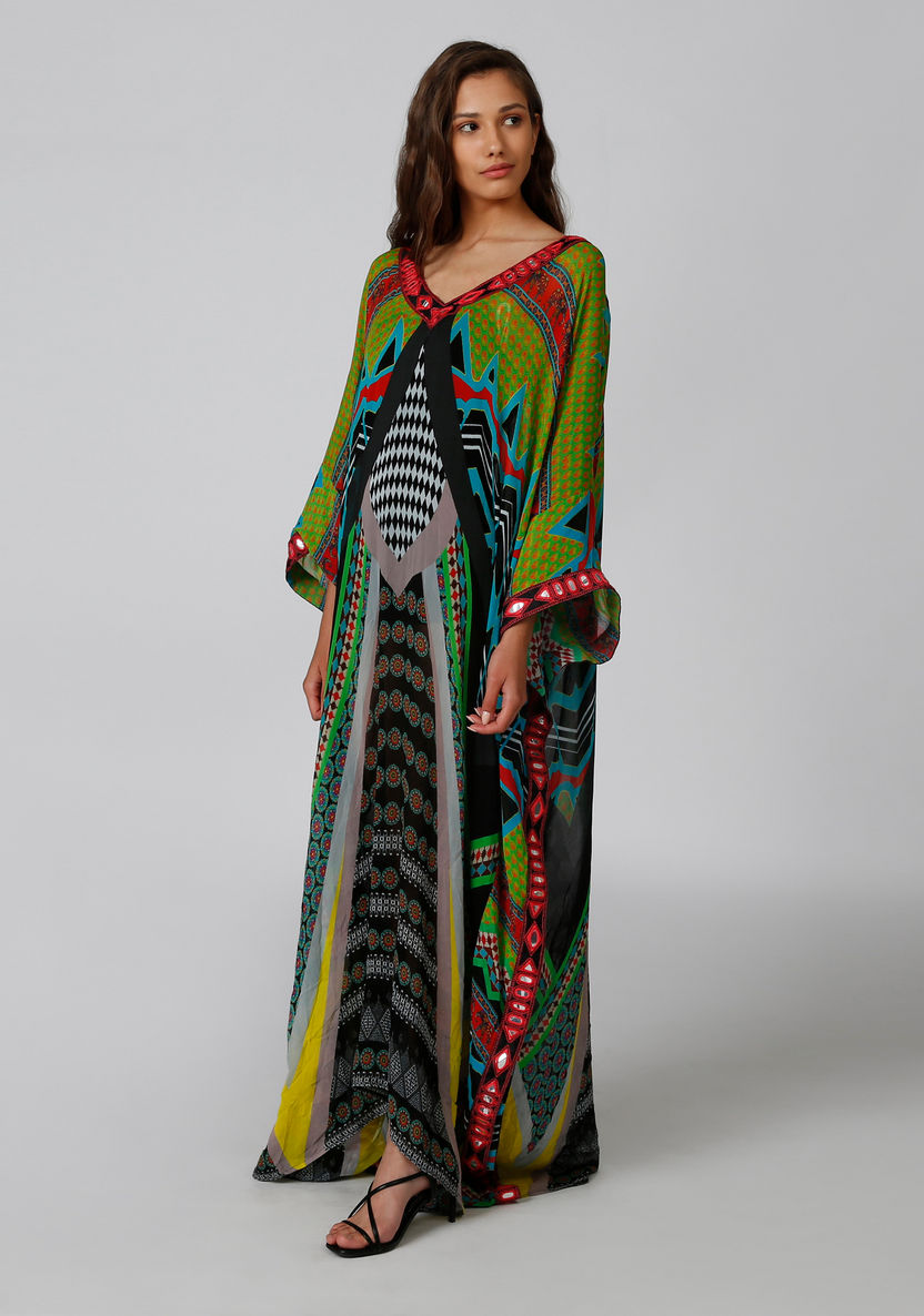 Printed Maxi A-line Dress with Long Sleeves-Dresses-image-1