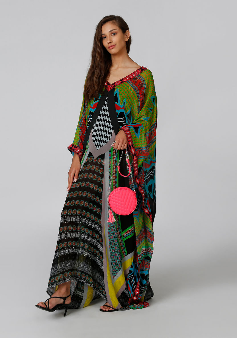 Printed Maxi A-line Dress with Long Sleeves-Dresses-image-4