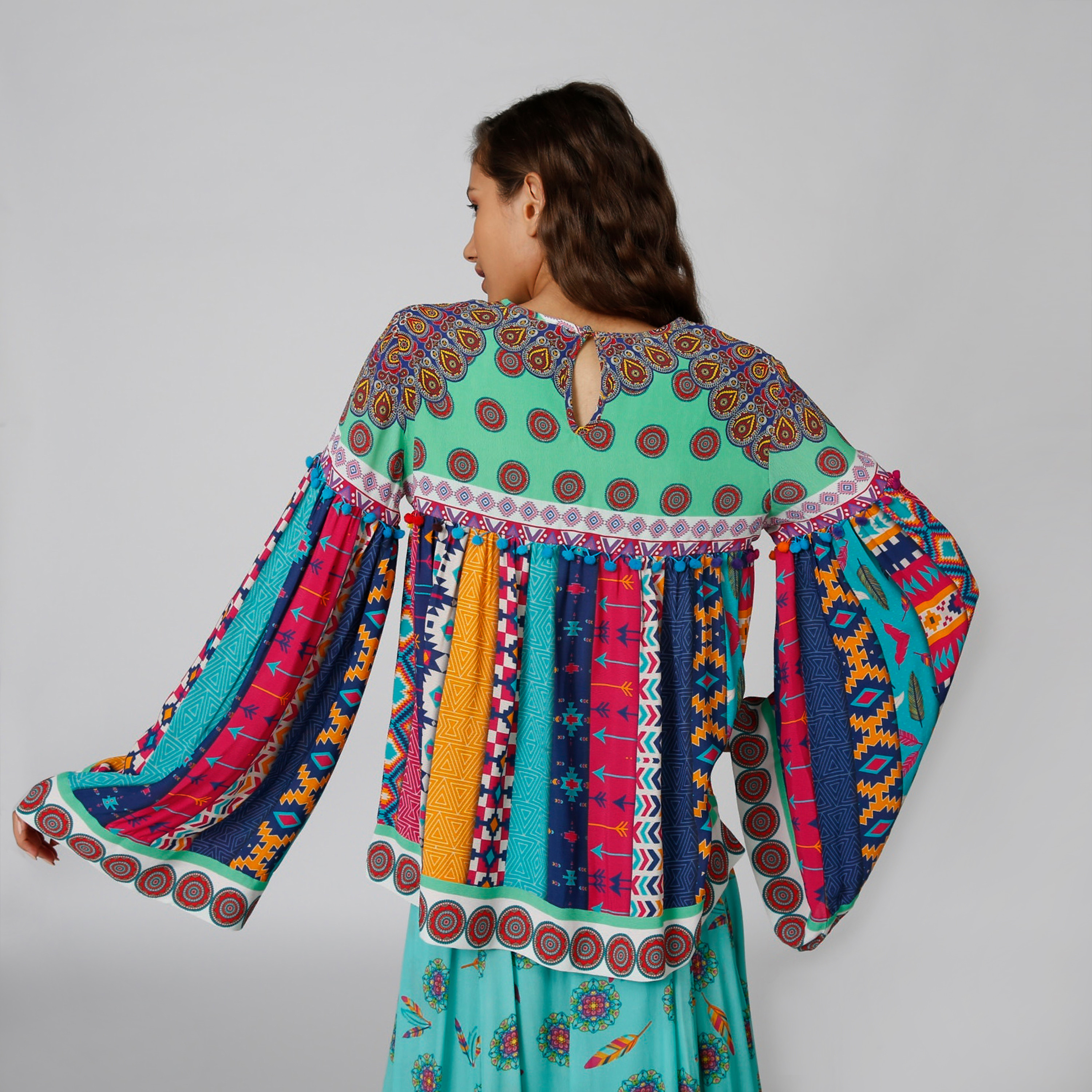 Printed Top with Round Neck and Flared Sleeves-women-clothing-shirtsandblouses-blouses-image-3