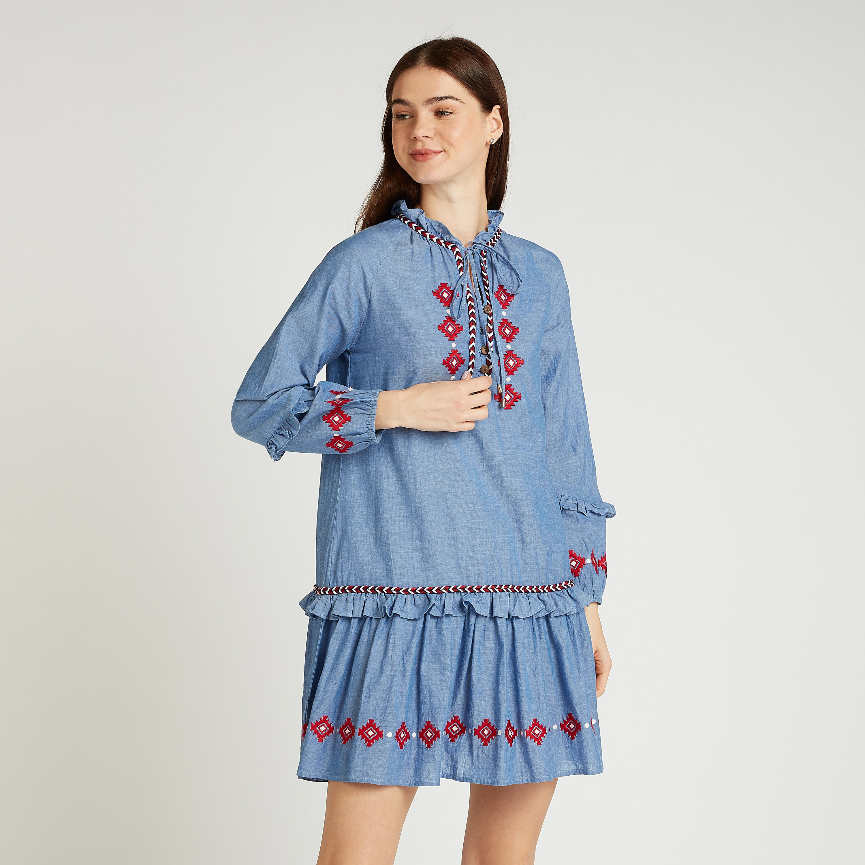 Buy Women s Embroidered Mini Dress with Long Sleeves and Tie Ups Online Centrepoint UAE