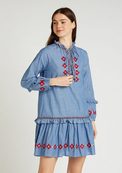 Embroidered Mini Dress with Long Sleeves and Tie Ups