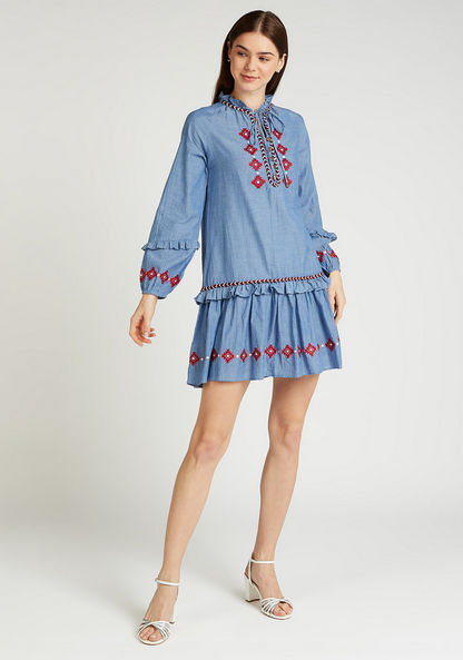 Embroidered Mini Dress with Long Sleeves and Tie Ups