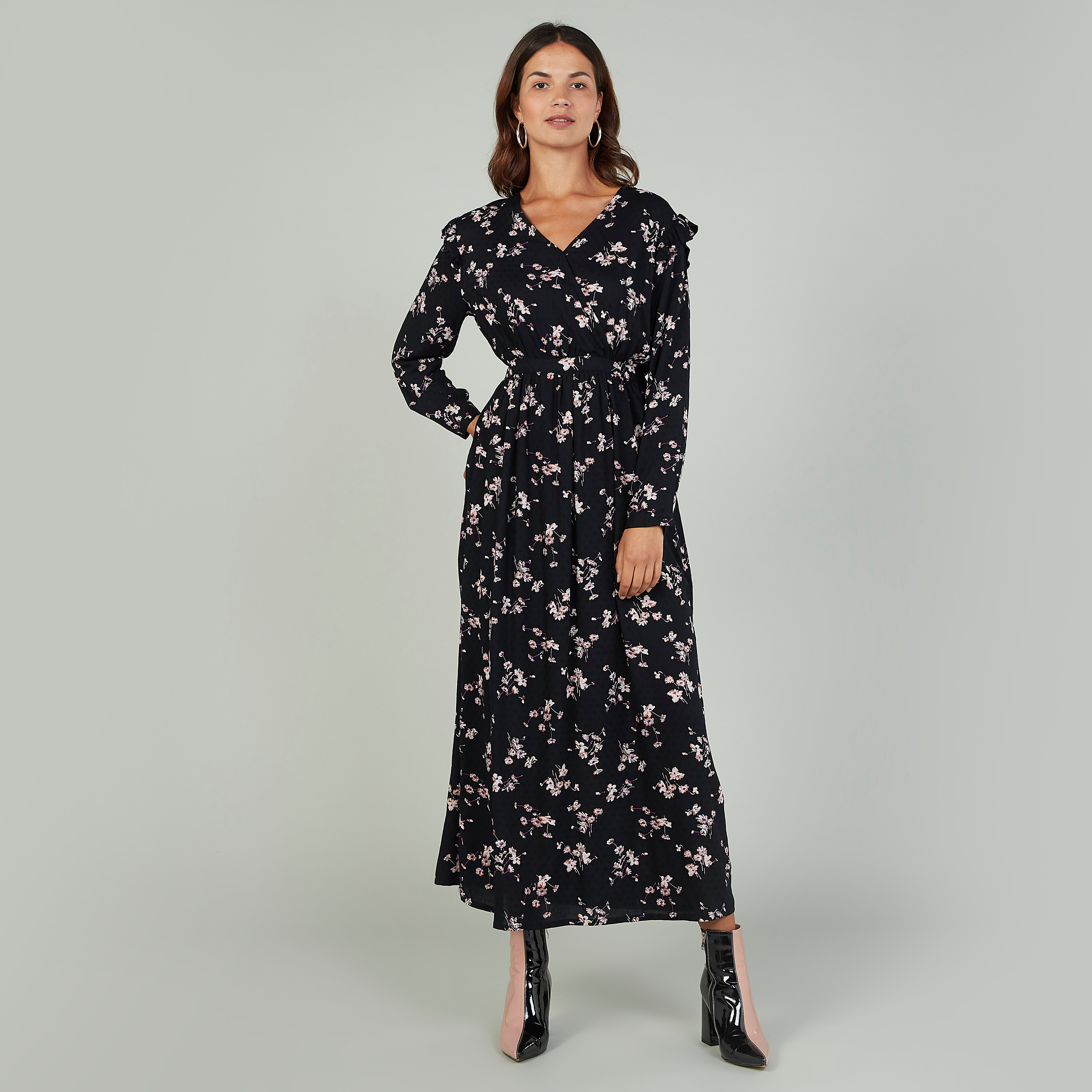 Sustainable Floral Maxi A-line Dress with V-neck and Long Sleeves-women-clothing-dresses-image-1