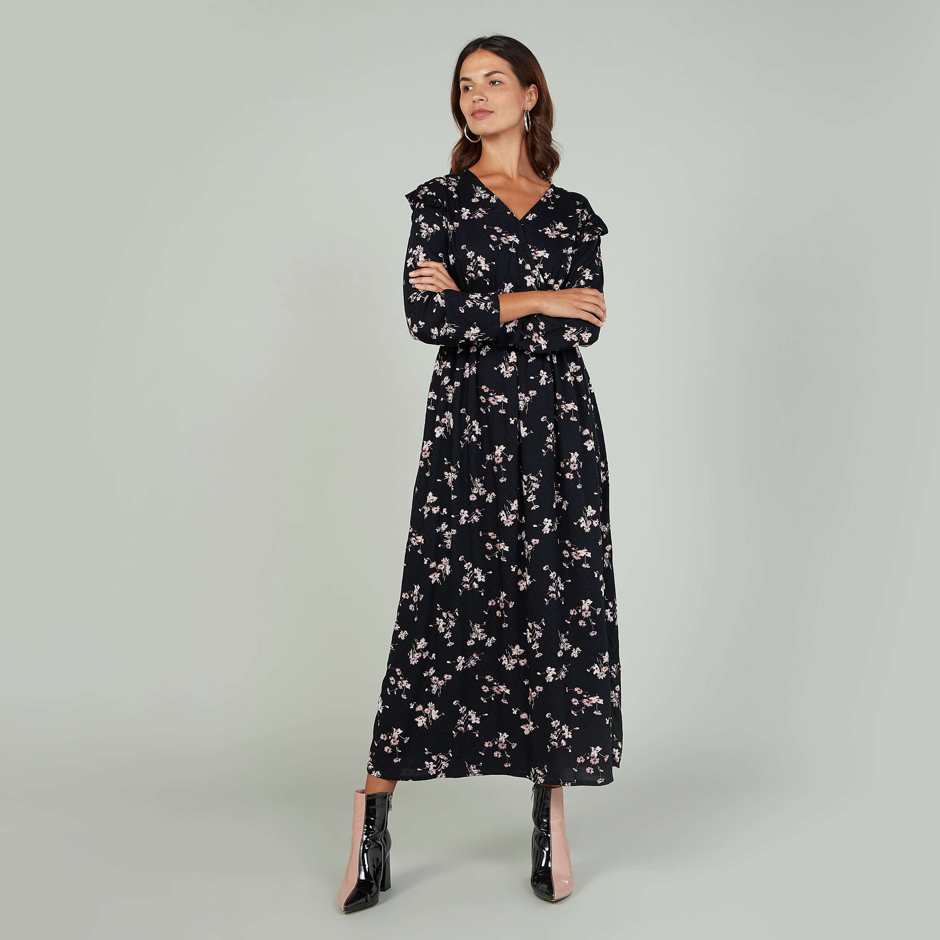 Sustainable Floral Maxi A-line Dress with V-neck and Long Sleeves-women-clothing-dresses-image-2