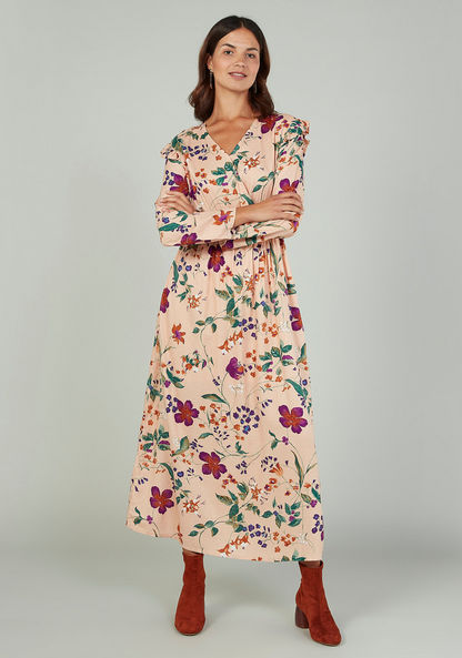 Sustainable Floral Printed Maxi A-line Dress with Long Sleeves