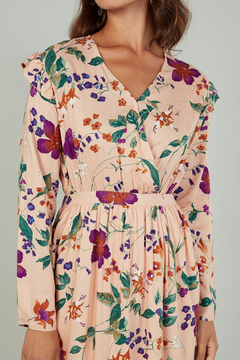 Sustainable Floral Printed Maxi A-line Dress with Long Sleeves