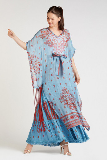 Printed Maxi Kaftan Dress with Butterfly Sleeves and Tie Ups