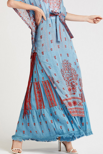 Printed Maxi Kaftan Dress with Butterfly Sleeves and Tie Ups