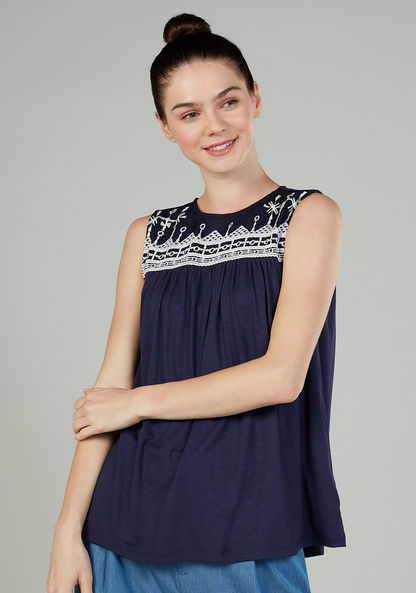 Embroidered Sleeveless Top with Crew Neck
