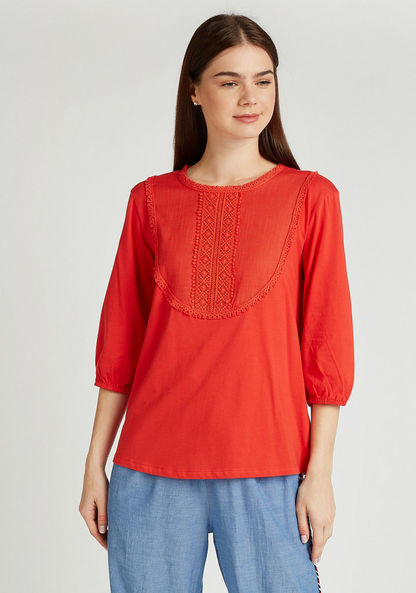 Textured Top with Round Neck and 3/4 Sleeves
