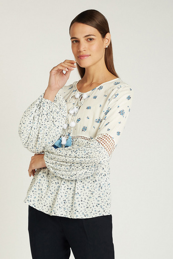 Printed Top with Long Sleeves and Tie Ups