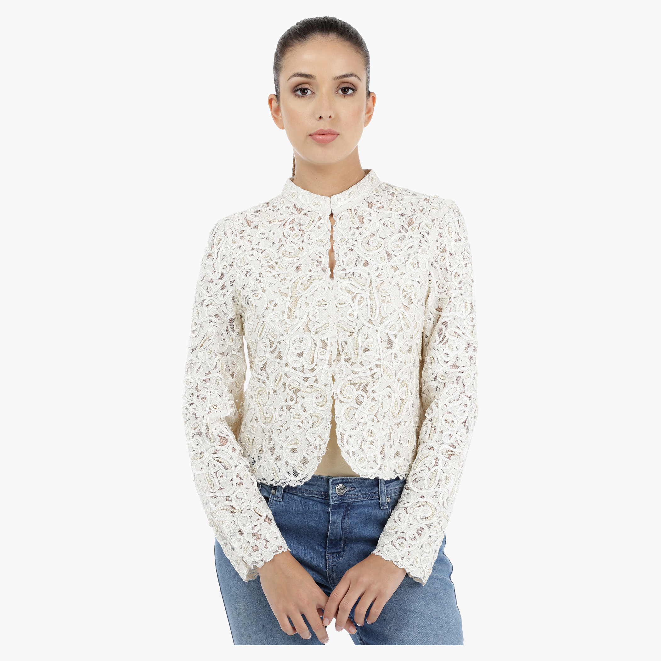 Embellished Lace Jacket with Long Sleeves