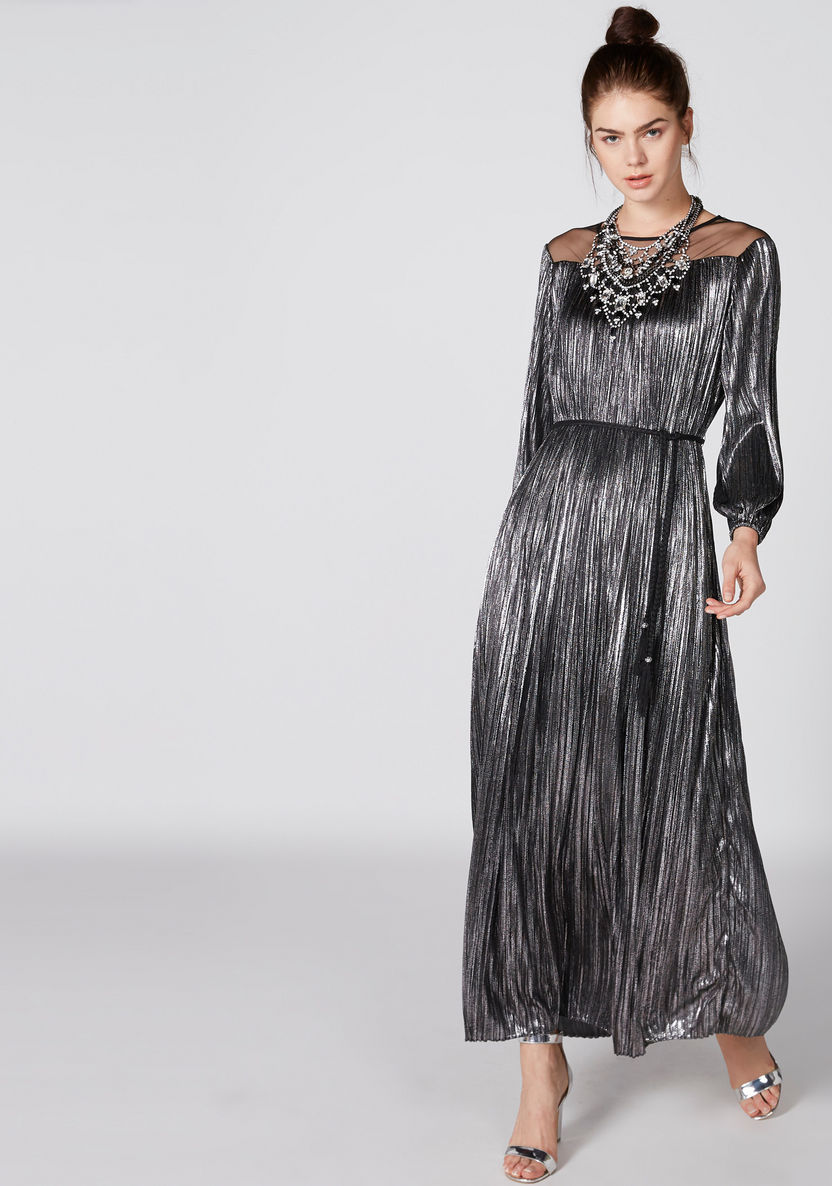Textured Maxi Dress with Round Neck and Long Sleeves-Dresses-image-0