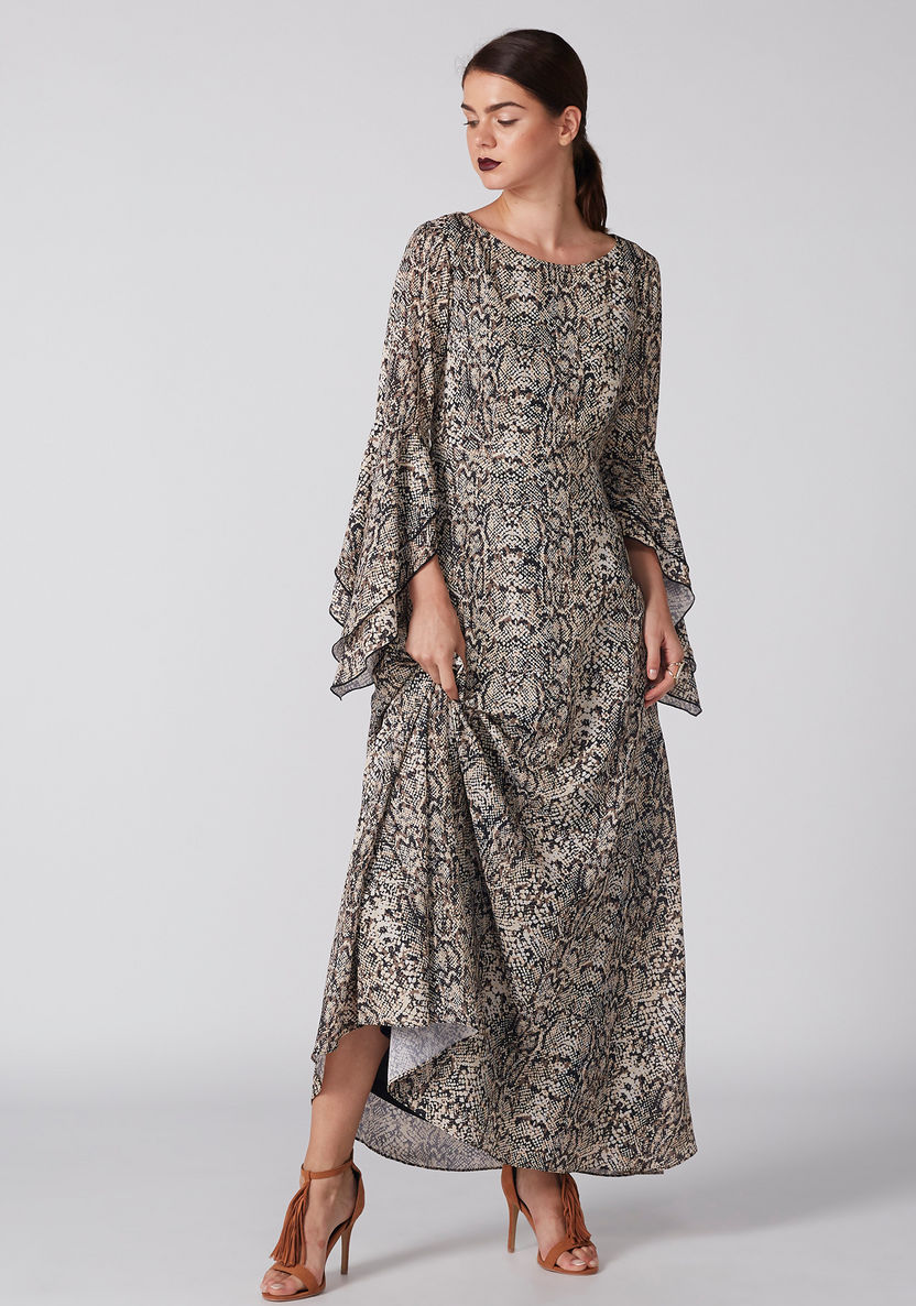 Printed Maxi Dress with Round Neck and Flared Sleeves-Dresses-image-0
