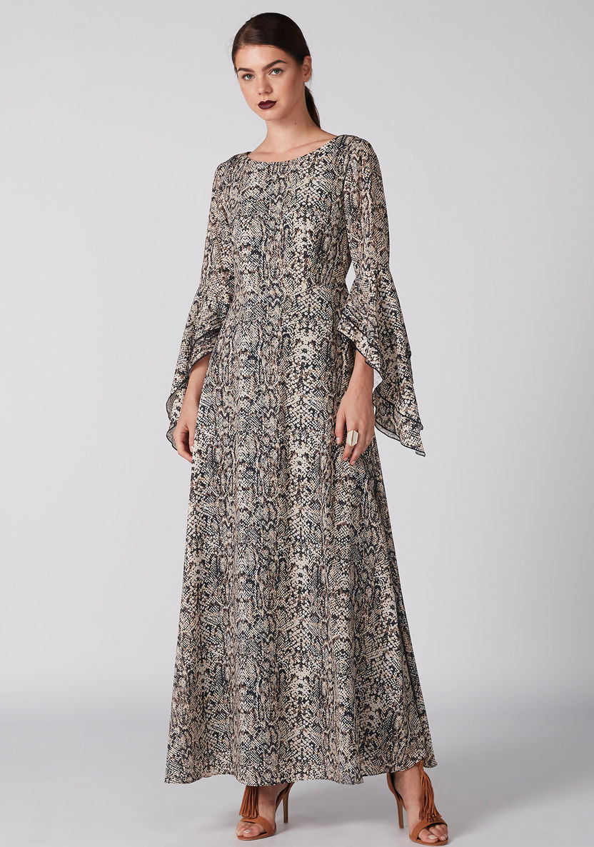 Printed Maxi Dress with Round Neck and Flared Sleeves-Dresses-image-4
