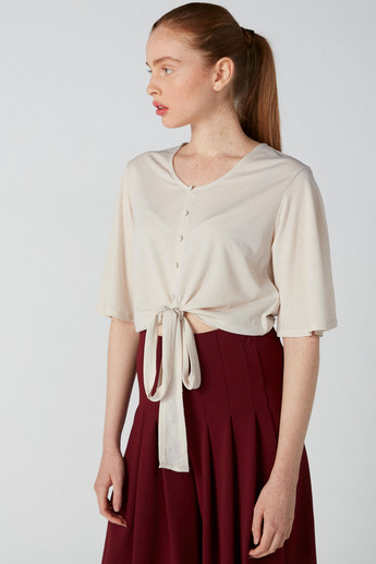 V-Neck Top with Tie Ups and Button Detail
