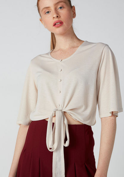 V-Neck Top with Tie Ups and Button Detail