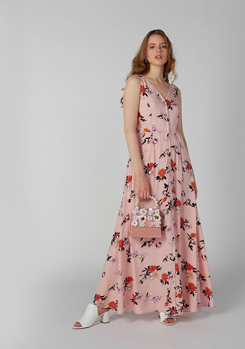 Printed A-line Sleeveless Maxi Dress with V-neck-Dresses-image-0