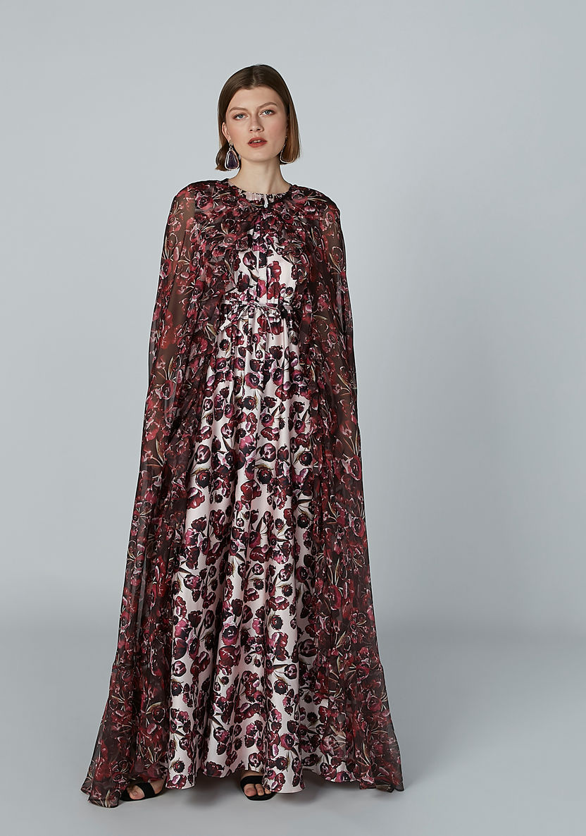 Printed Cape with Tie Up and Ruffle Detail-Sweaters-image-4