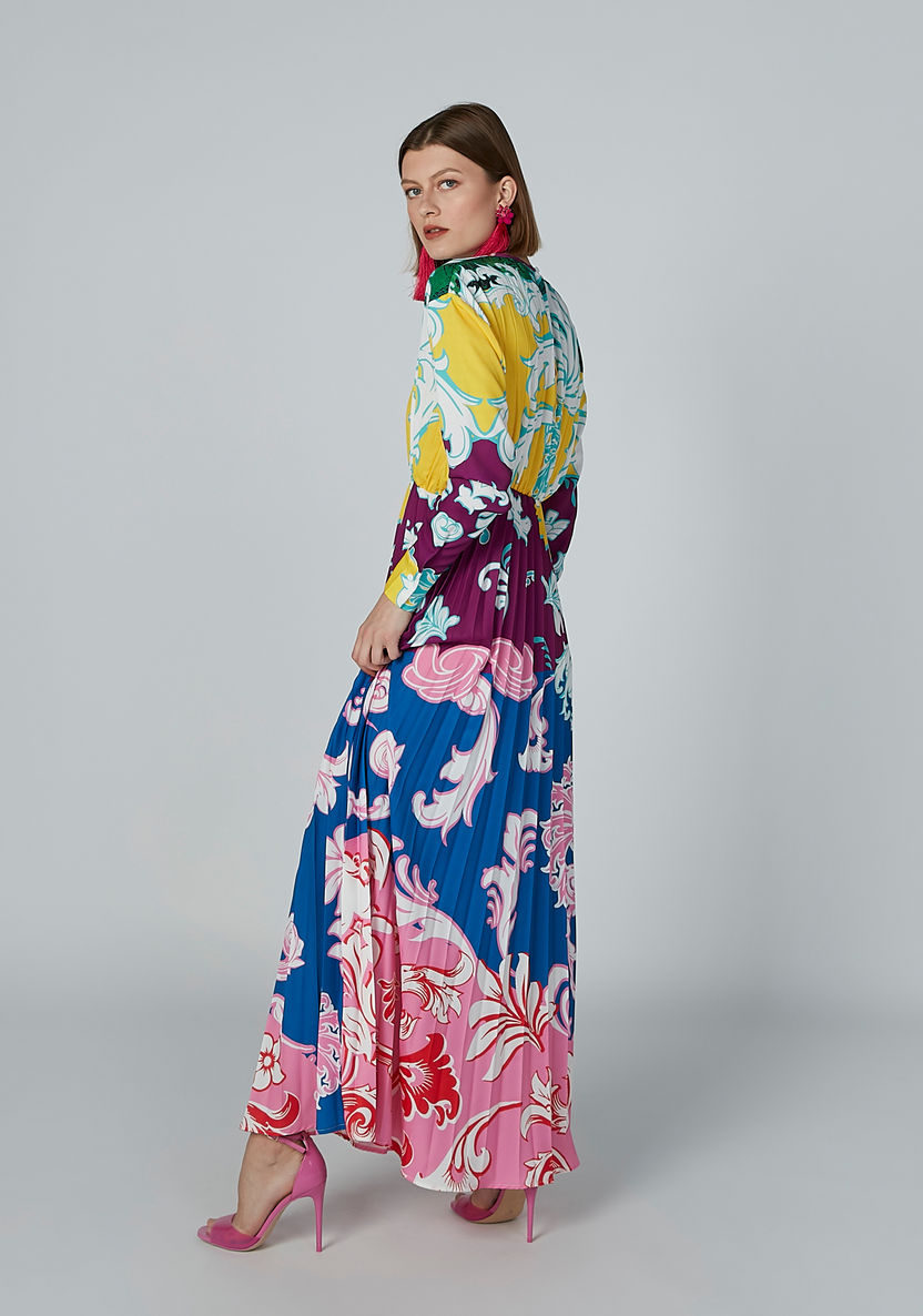 Printed A-line Maxi Dress with Round Neck and Long Sleeves-Dresses-image-2
