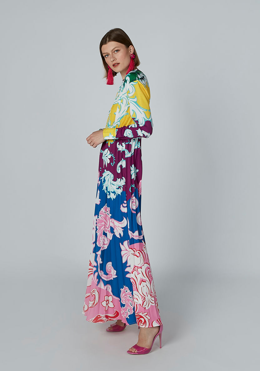 Printed A-line Maxi Dress with Round Neck and Long Sleeves-Dresses-image-4
