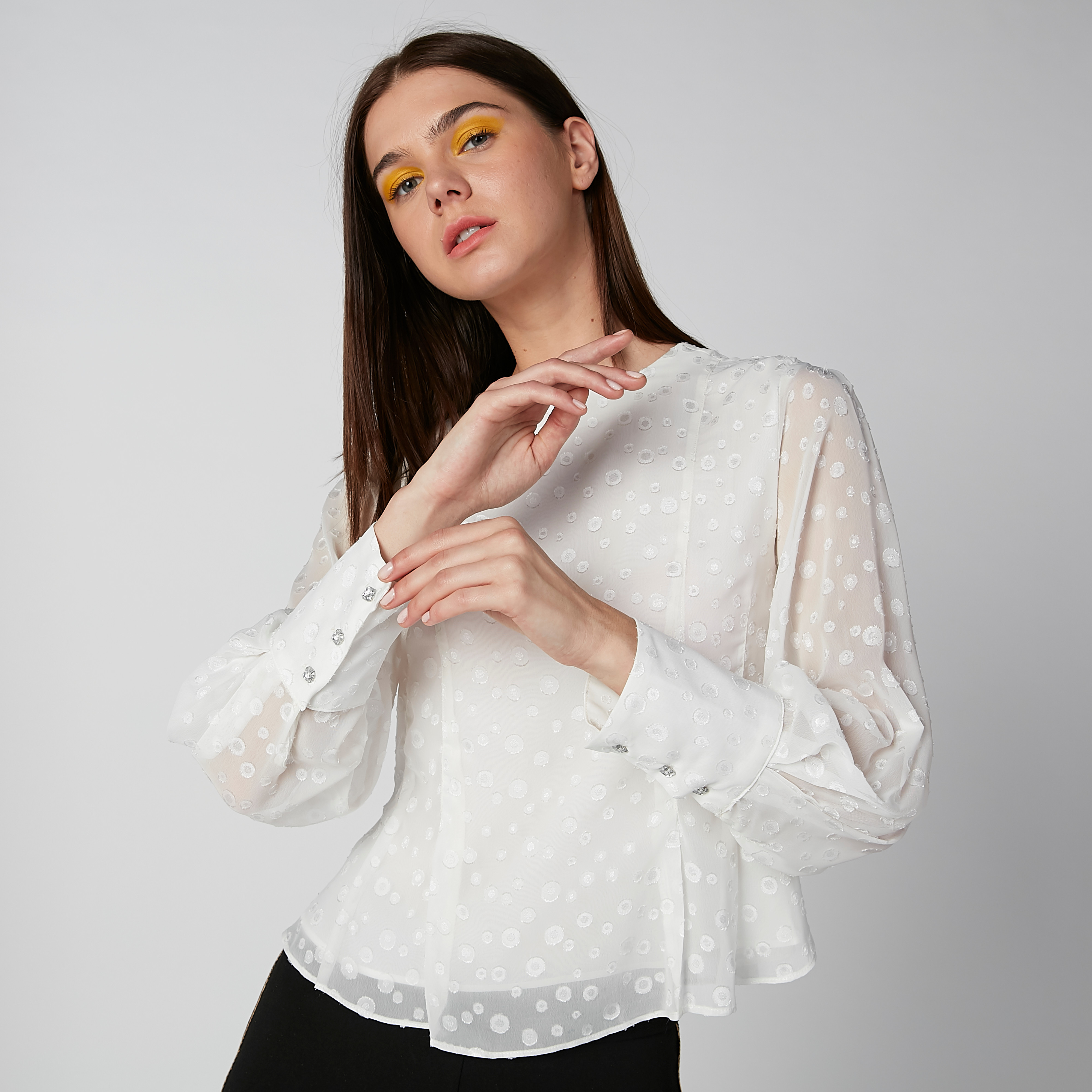 Textured Top with Round Neck and Long Sleeves-women-clothing-shirtsandblouses-blouses-image-1