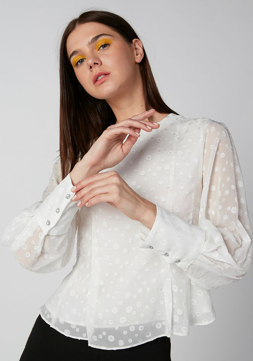 Textured Top with Round Neck and Long Sleeves-Shirts and Blouses-image-0