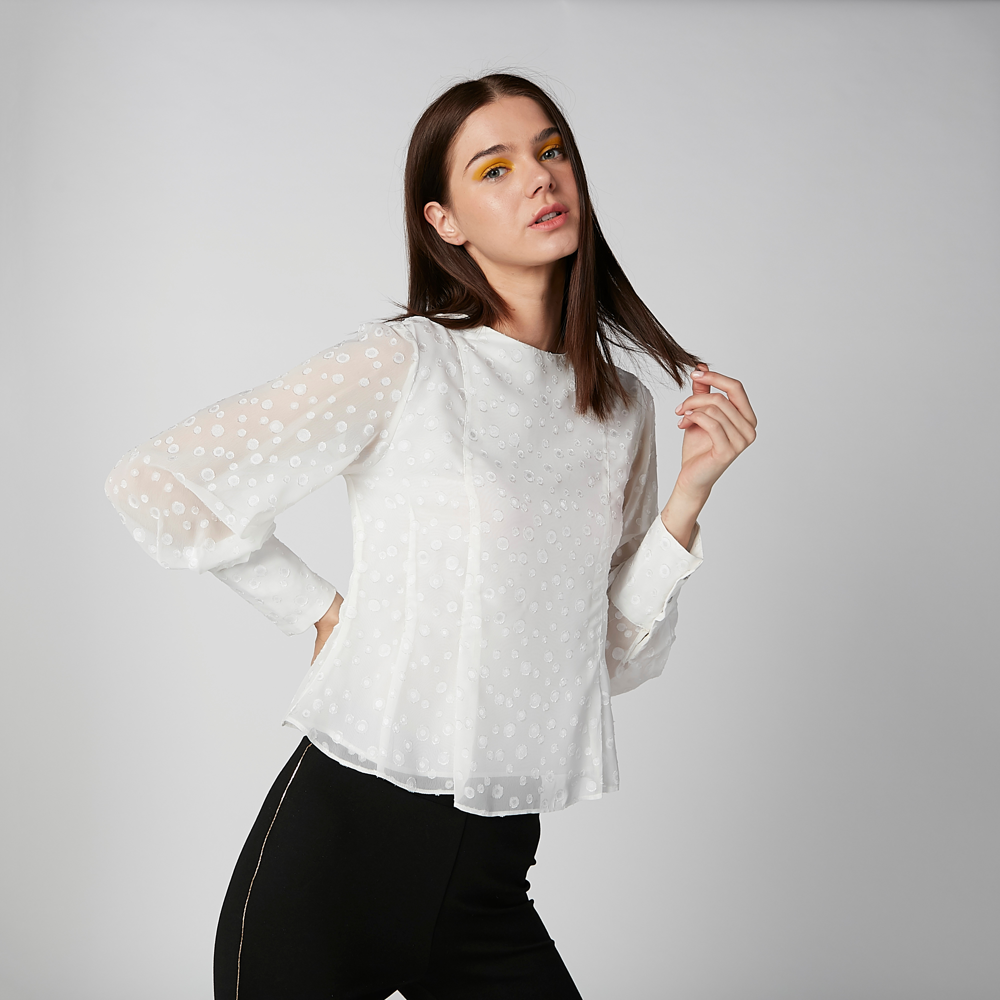 Textured Top with Round Neck and Long Sleeves-women-clothing-shirtsandblouses-blouses-image-3
