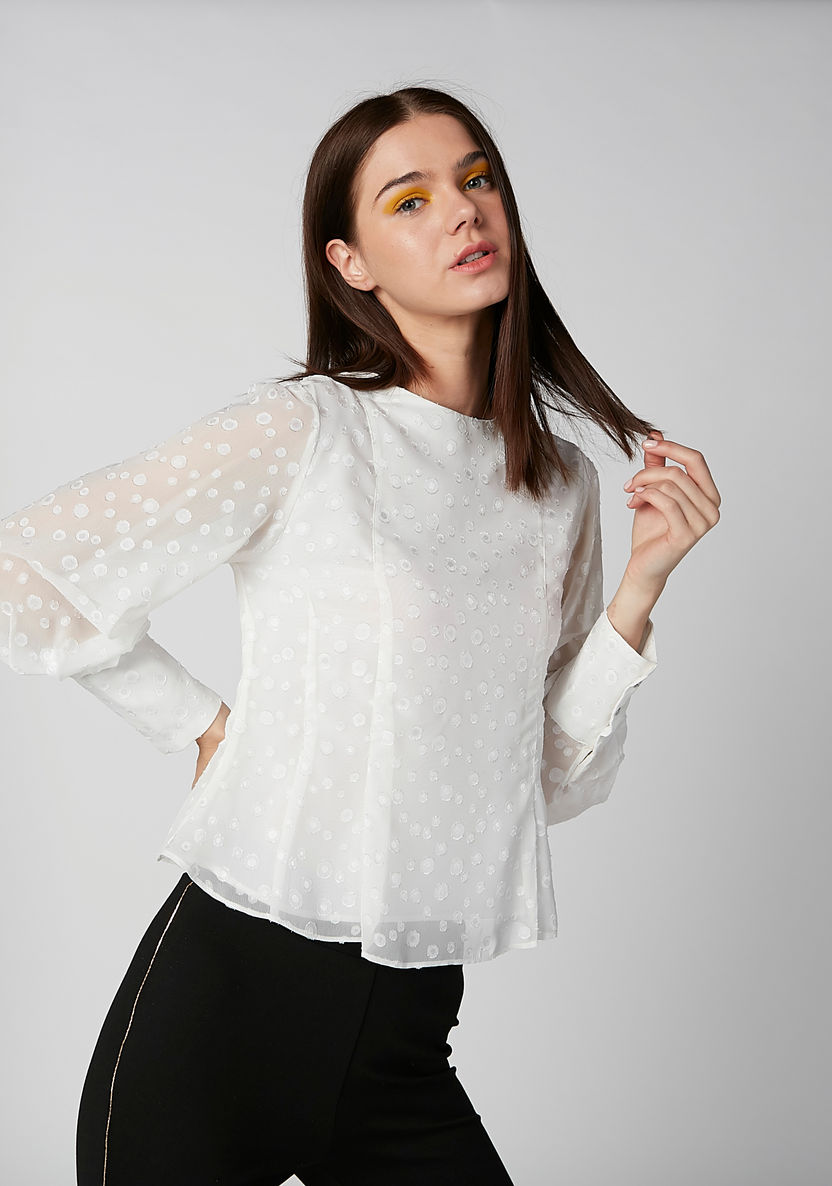 Textured Top with Round Neck and Long Sleeves-Shirts and Blouses-image-2