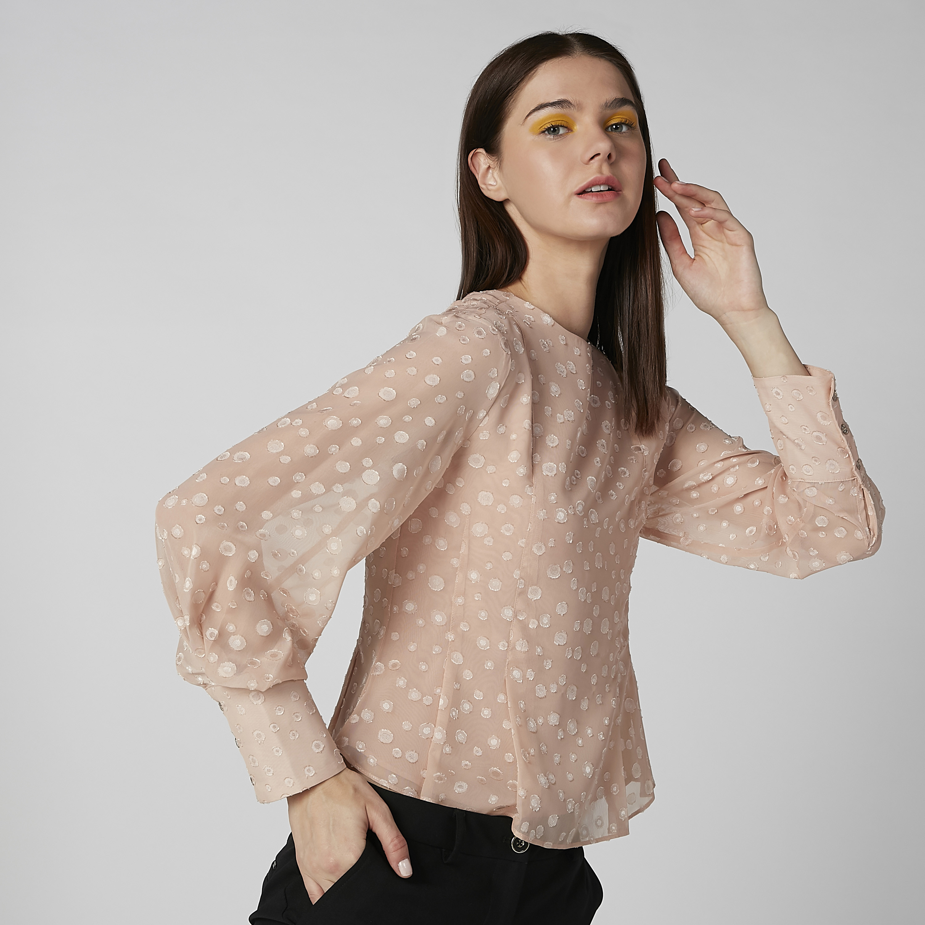 Textured Top with Round Neck and Long Sleeves-women-clothing-shirtsandblouses-blouses-image-5