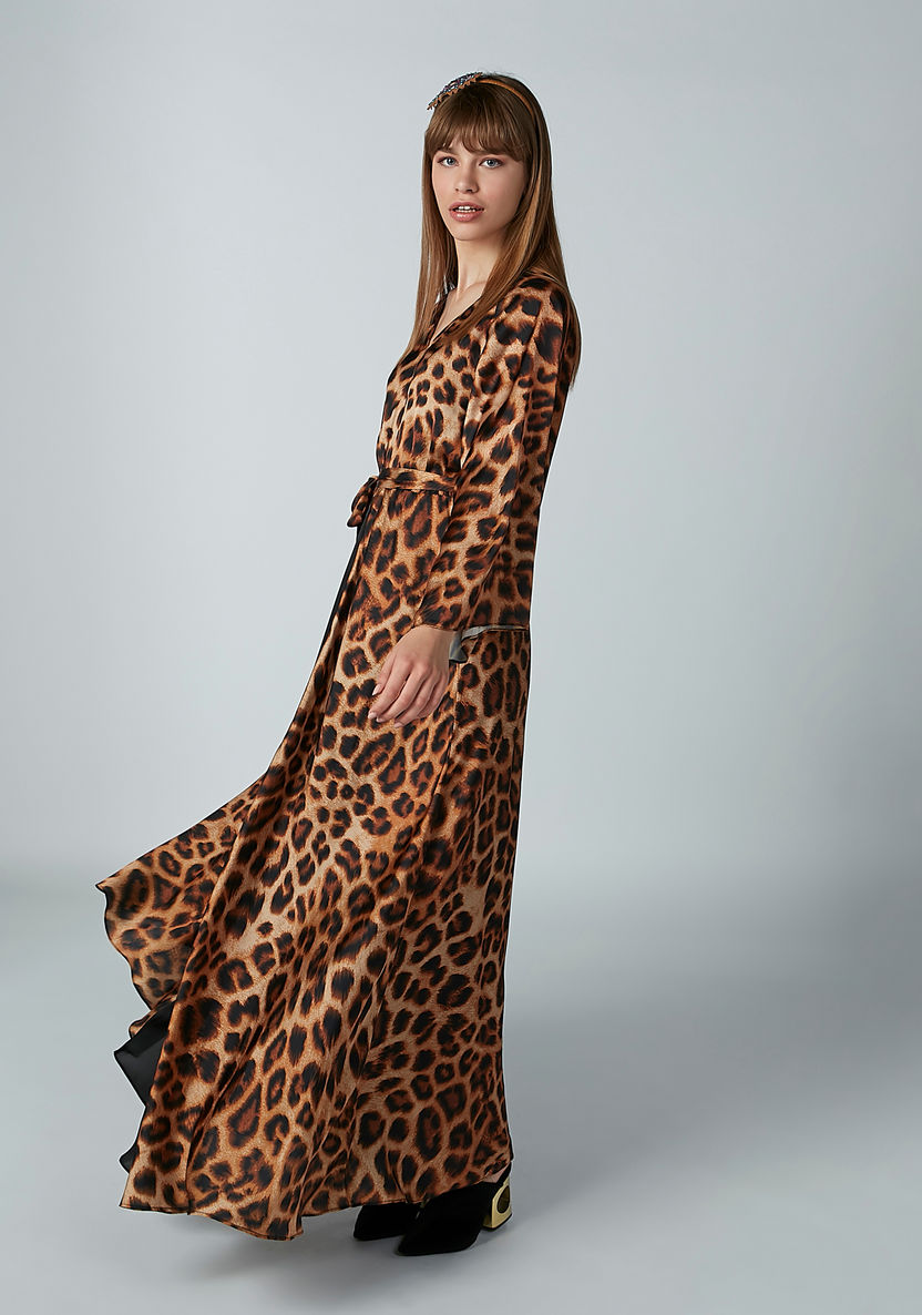 Animal Printed Maxi Dress with V-neck and Flared Sleeves-Dresses-image-1