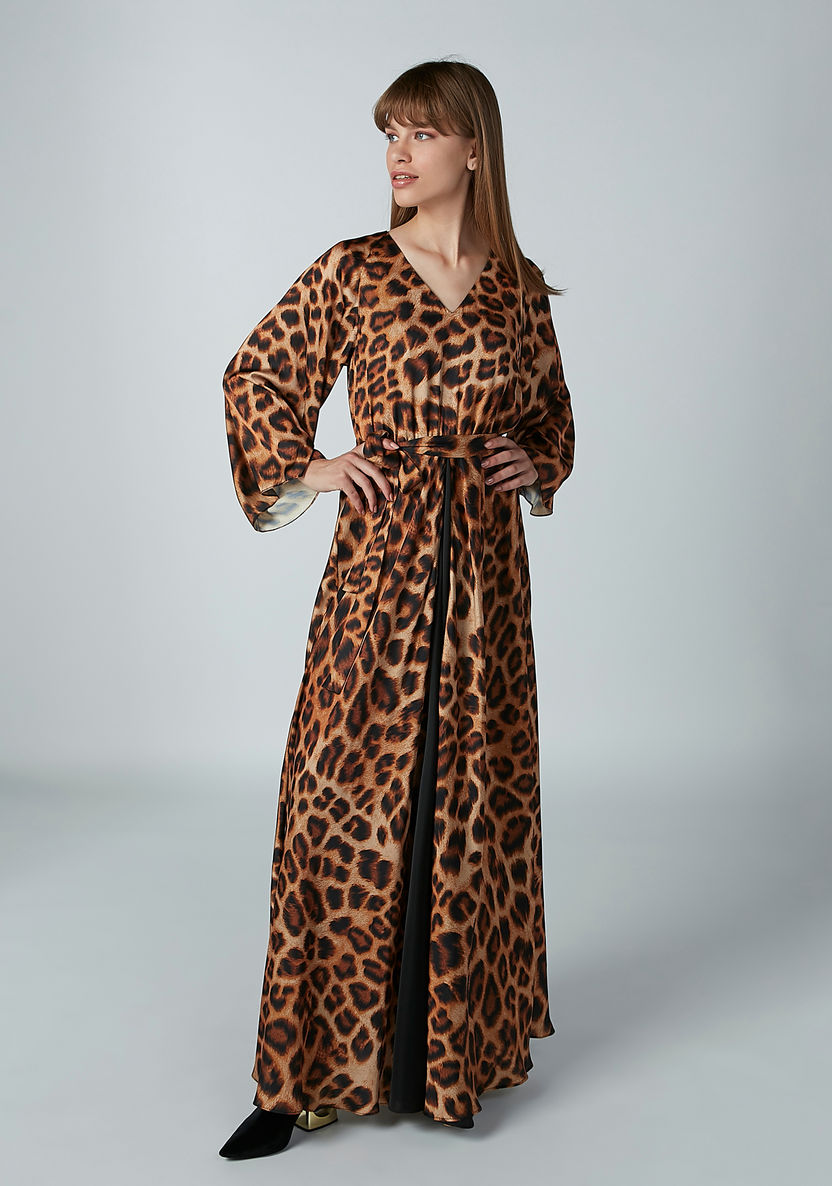 Animal Printed Maxi Dress with V-neck and Flared Sleeves-Dresses-image-2