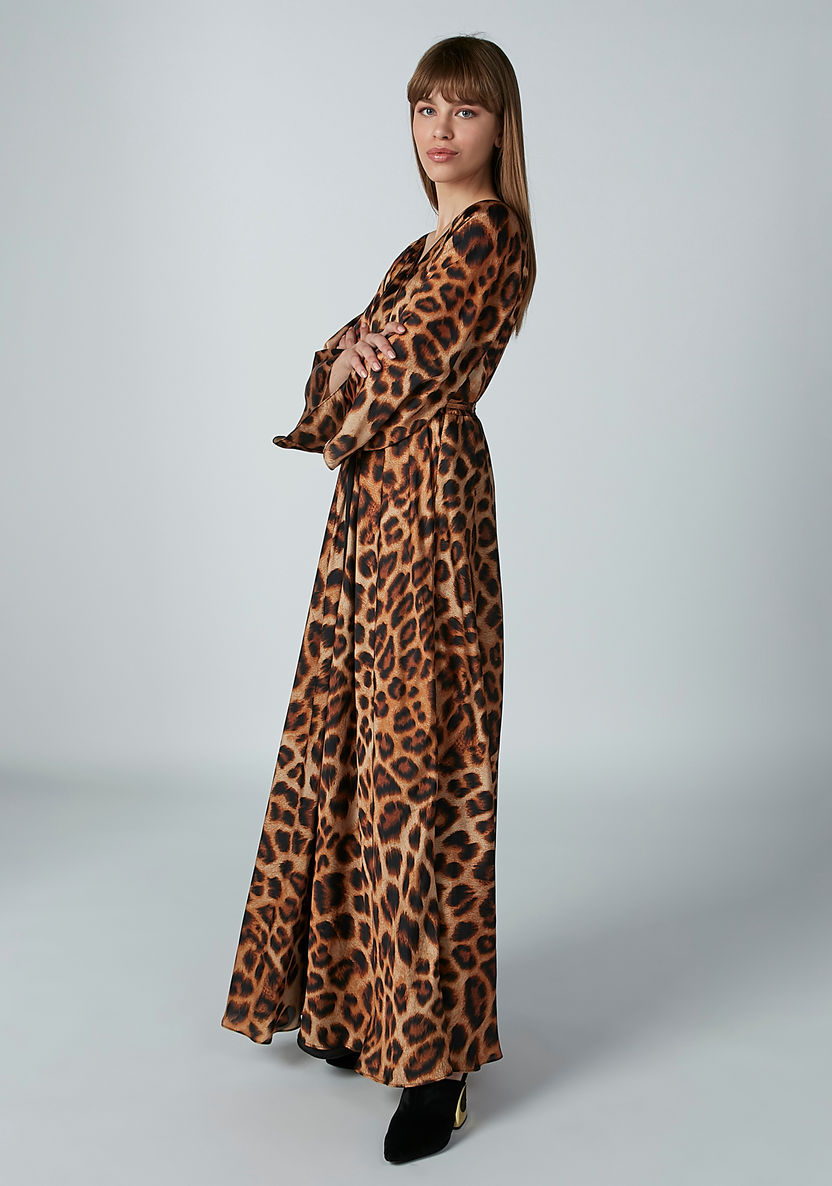 Animal Printed Maxi Dress with V-neck and Flared Sleeves-Dresses-image-4