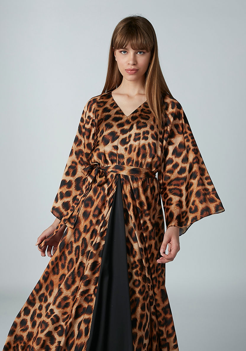 Animal Printed Maxi Dress with V-neck and Flared Sleeves-Dresses-image-5