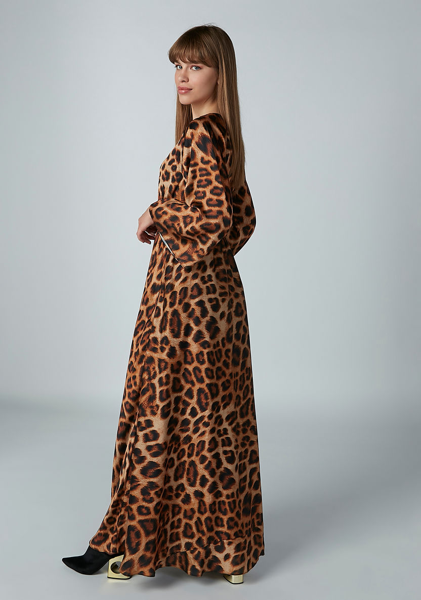 Animal Printed Maxi Dress with V-neck and Flared Sleeves-Dresses-image-6