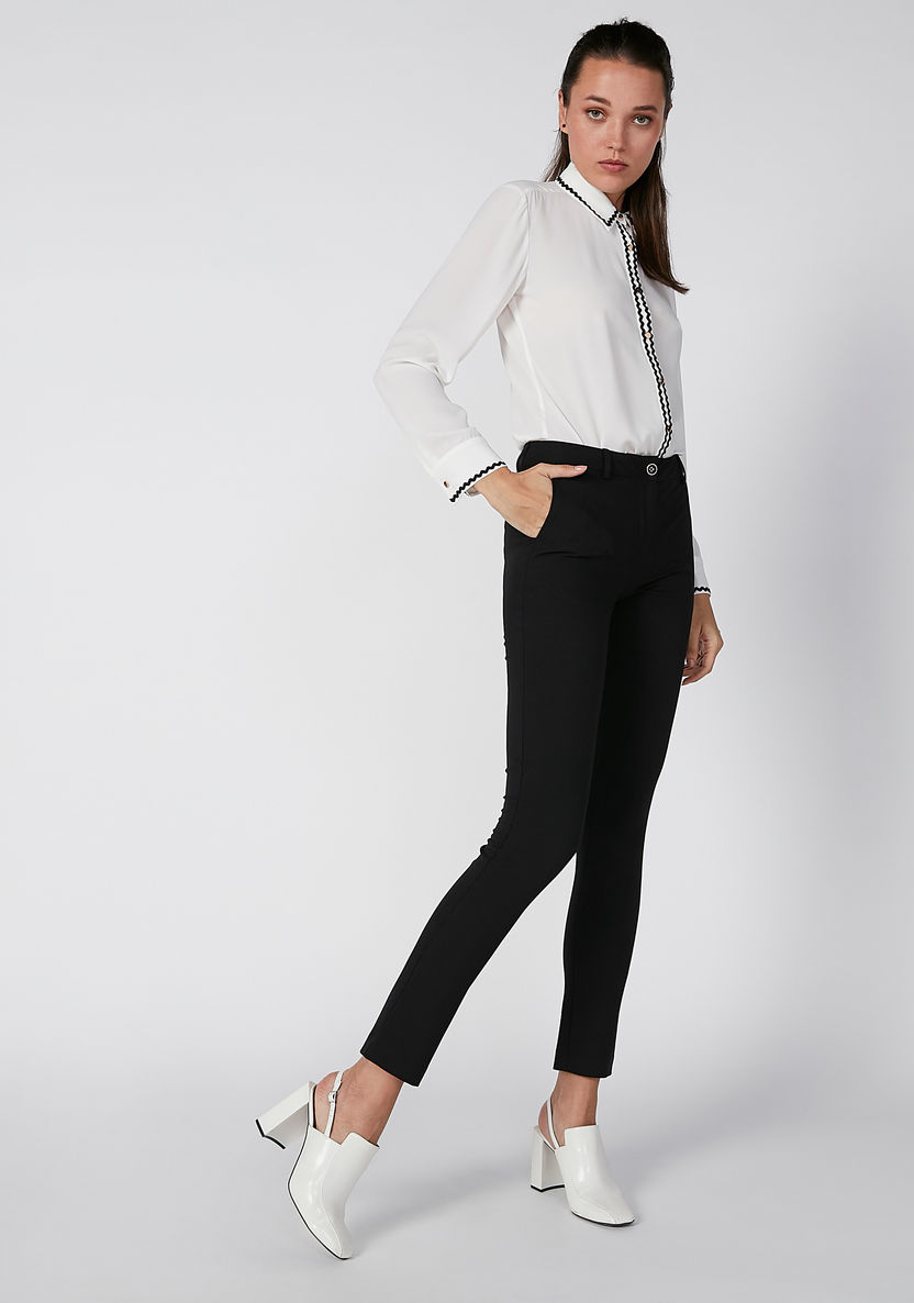 Skinny Fit Plain Mid Waist Trousers with Pocket Detail and Belt Loops-Pants-image-0