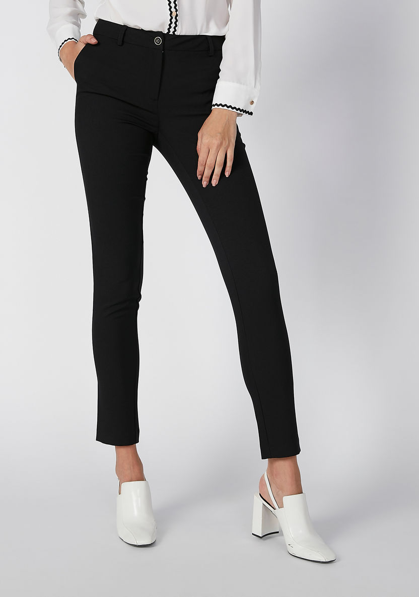 Skinny Fit Plain Mid Waist Trousers with Pocket Detail and Belt Loops-Pants-image-2
