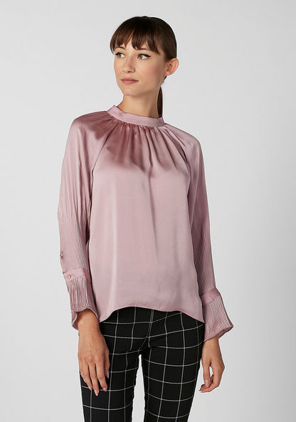 Sustainable Textured Top with High Neck and Pleat Detail Sleeves