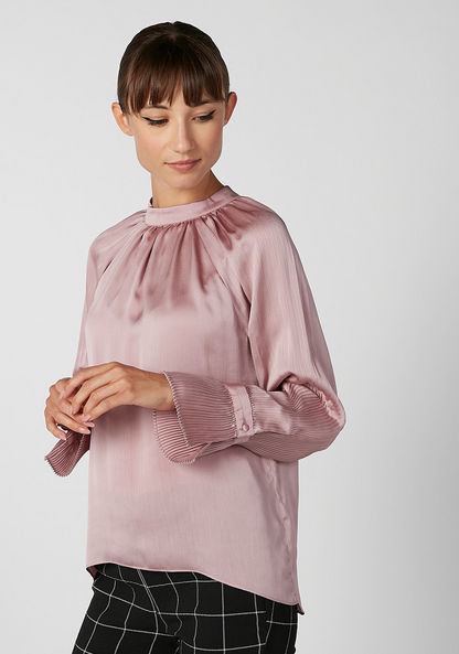 Sustainable Textured Top with High Neck and Pleat Detail Sleeves