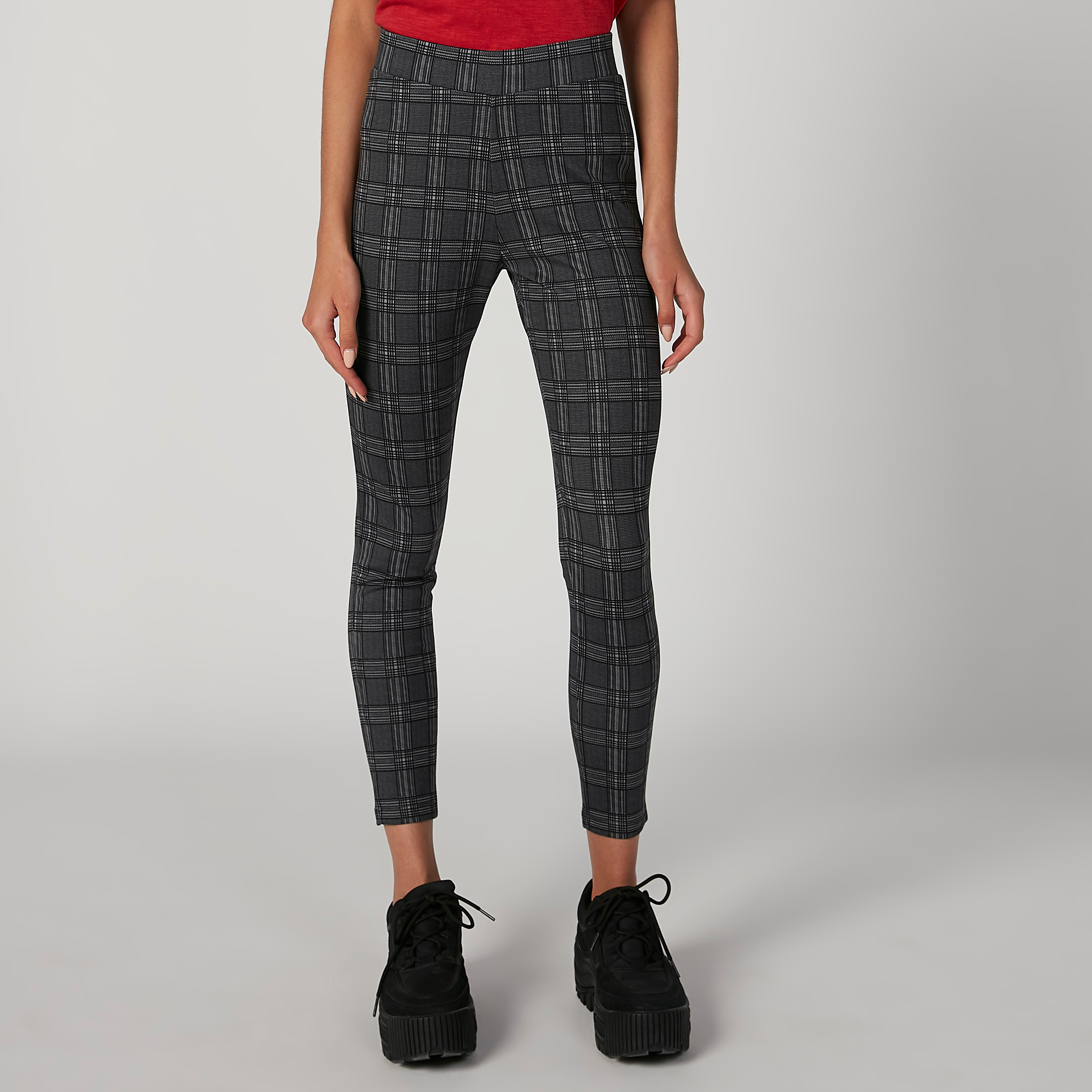 بنطلون جينز ضيّق سكيني كاروهات بخصر مطّاطي متوسط الارتفاع-women-clothing-bottoms-leggings-image-4