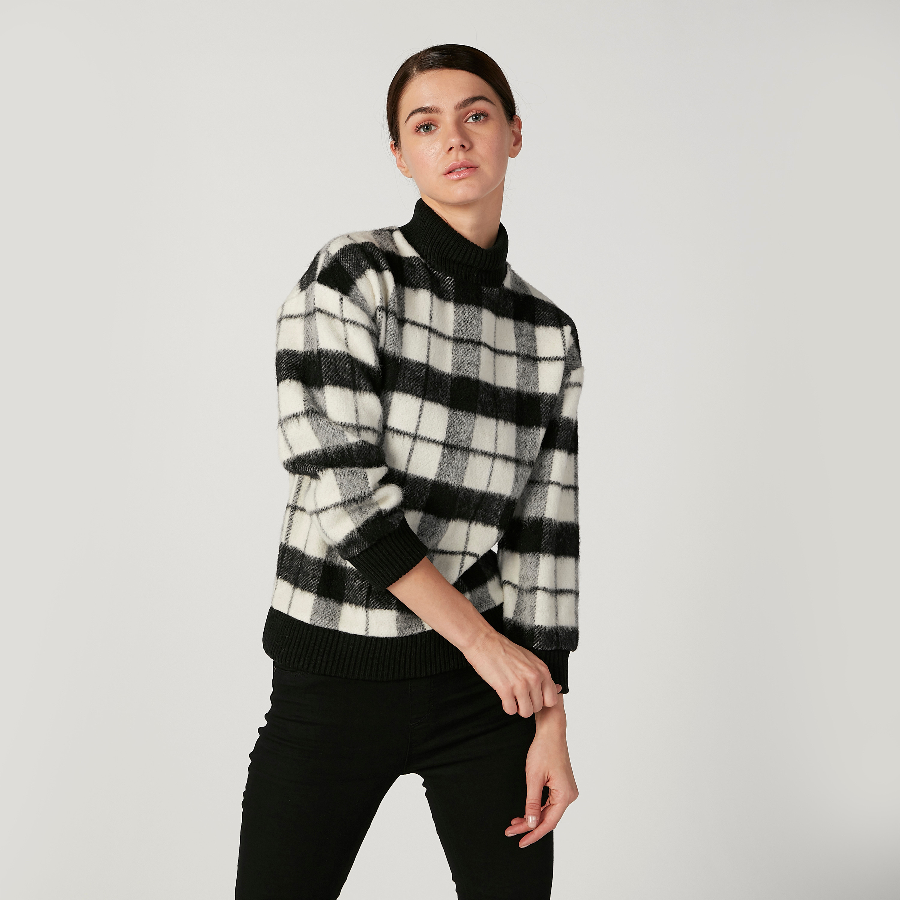 كنزة مستدامة كاروهات بياقة عالية وأكمام طويلة -women-clothing-cardigansandjumpers-jumpers-image-1